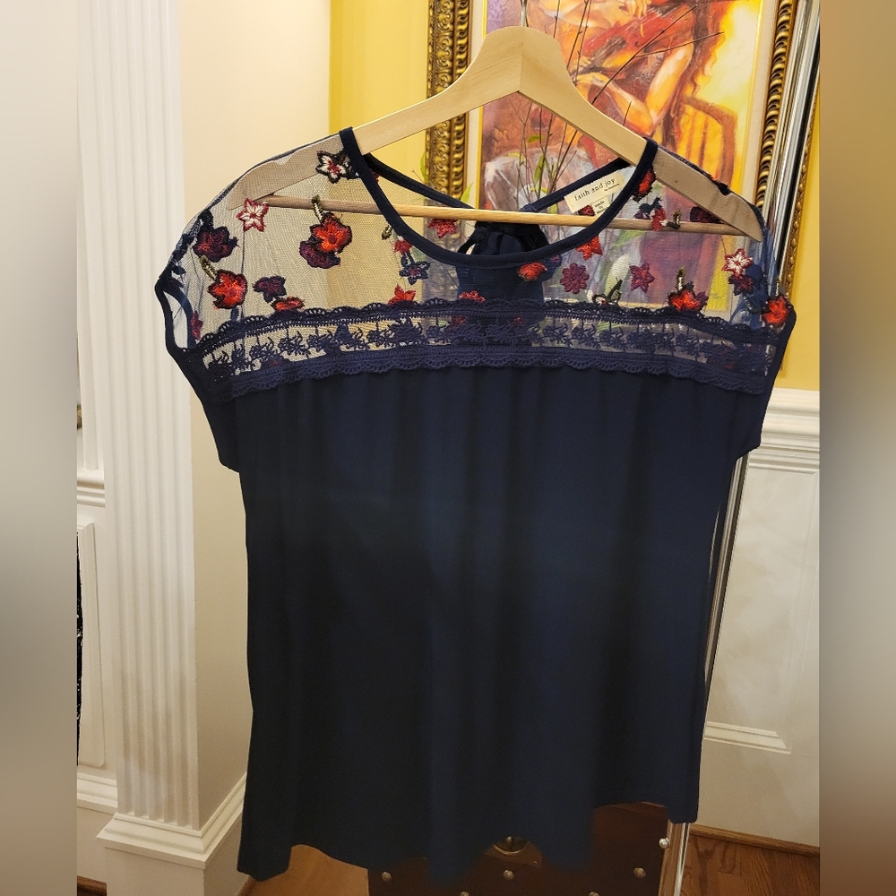 Navy Blue Floral Embroidered Faith and Joy  Women's Top.